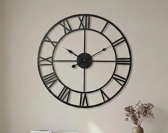 Large Metal Wall Clock with Roman Numerals, 60cm Round Iron Silent Wall Clock for Modern Nordic Living Room Decor