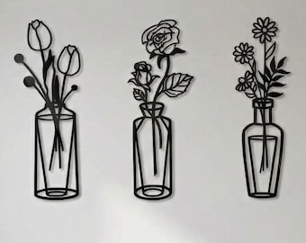 Minimalist Metal Flower Vase Wall Art, Line Art Floral Iron Wall Decor, Modern Botanical Wall Hanging