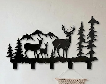 Rustiek metalen wandrek met herten en 5 haken, ijzeren muurkunstopberger voor aan de muur in het bos wilde dieren