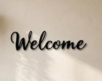 Welcome Metal Wall Art Sign, Minimal Script Iron Wall Decor for Entryway, Modern Rustic Home Welcome Sign