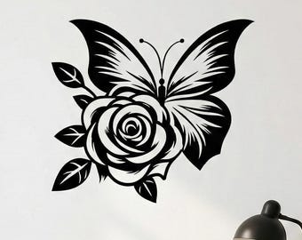 Arte de pared de metal con mariposas y rosas, decoración floral de hierro, colgante de pared vintage de metal negro con flores.