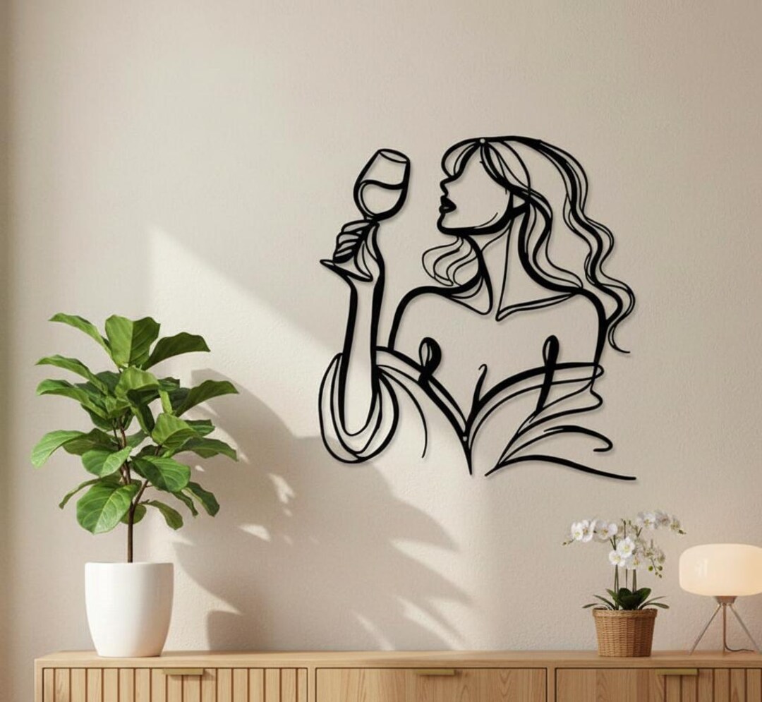 View of Woman Line Art Metal Wall Decor • Wine Glass Silhouette Wall Art ...