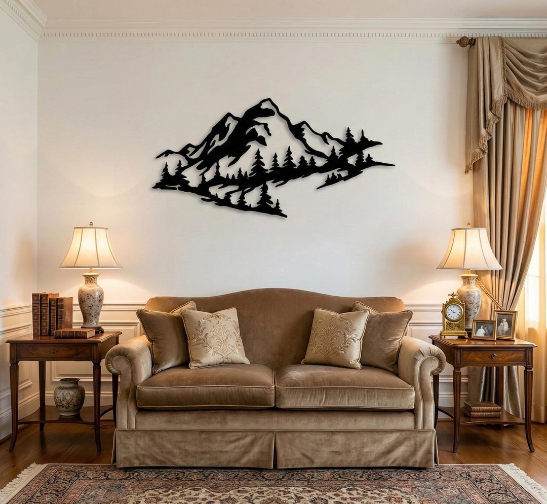 Mountain Forest Metal Wall Art, Black Mountain Landscape Metal Wall ...