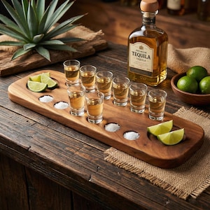 Tequila Board Walnut Wood, Wooden Shot Glass Server, Barware Gift