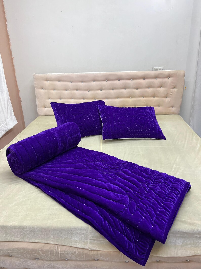 Luxury Purple Velvet Comforter – Hand-Stitched Quilt Bedding Set image 14