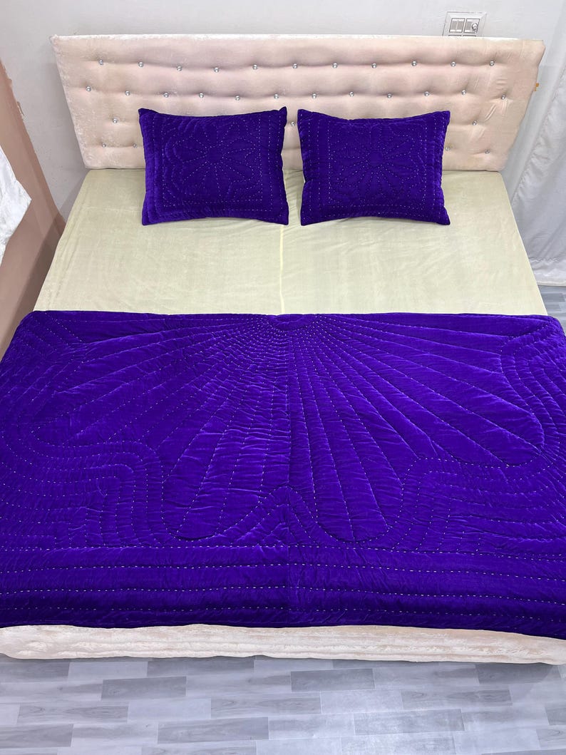 purple velvet comforter, luxury comforter set, velvet quilt set, hand stitched quilt, purple bedding set, velvet bedding, designer comforter, premium quilt set, soft velvet fabric, plush comforter, handmade quilt, elegant bedding, luxury bedroom decor, rich purple bedding, cozy bedding set, comforter with pillowcases, quilt with pillow covers, warm winter bedding, lightweight comforter, durable stitching, soft and breathable, modern bedroom bedding, royal look bedding, hotel style