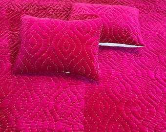 Hand-Stitched Fuchsia Velvet Quilt – Cozy Plush Bedspread, Detailed Stitching Throw, Bedding Quilts, Spring Quilt With Pillowcases