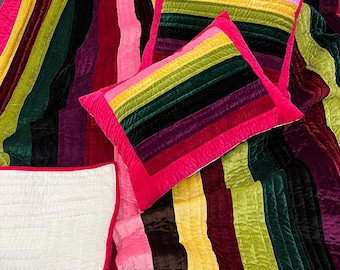 Handmade Velvet Quilt Set – Queen Size, Multi-Color Striped Bedding