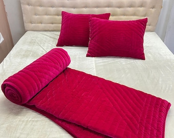 Fuchsia Samt Quilt: Handgenähte Tagesdecke, weiche Quilts wirft Decke