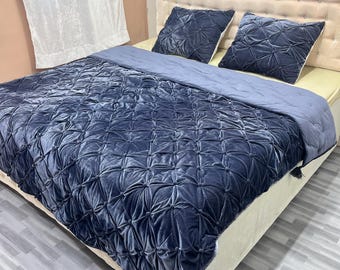 Lila Grau Samt Quilt Set - Handgenähte Quaste Bettwäsche, weiche Decke