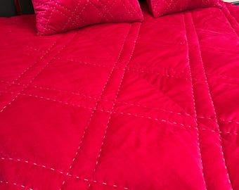 Fuchsia Samt Quilt, Handgenähte Tagesdecke Samt Decke Mit Kissenbezügen