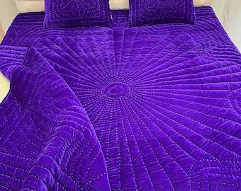 Luxus Lila Samt Tröster - Handgenähtes Quilt Bettwäsche Set