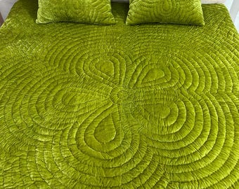 Hand-stitched Olive Green Velvet Quilt Bedspread – Soft Throw Blanket With Pillow Cover