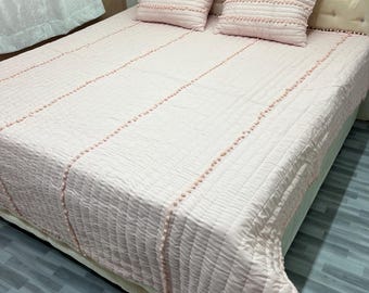 Handgemachte Pompom Baumwolle Quilt Set - Hell Rosa Tagesdecke mit Kissenbezüge