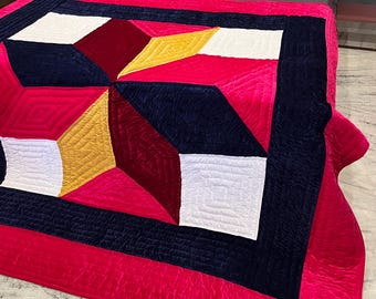 Samt Queen Quilt: Geometrische Patchwork Tagesdecke mit Kissenbezug