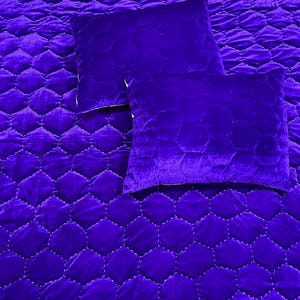 May include: A vibrant purple quilted bedspread with two matching pillows. The fabric has a velvety texture and a geometric pattern of stitched hexagons. The pillows are rectangular and rest on the bedspread, creating a coordinated bedding set.