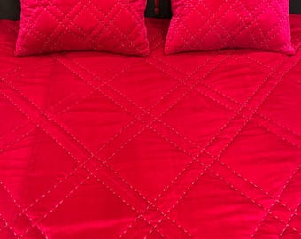 Fuchsia Samt Quilt: Handgenähte Tagesdecke, weiche Quilts wirft Decke