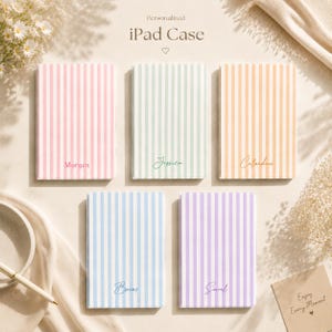 Gepersonaliseerde iPad-hoes met gekleurde strepen, pastelkleurige hoes, tabletaccessoire met aangepaste naam