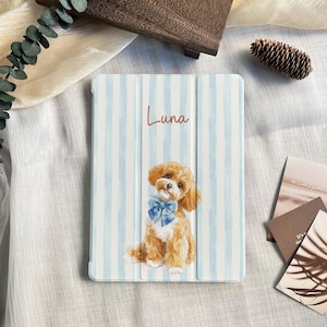 Custom Pet Portrait iPad Case, Pink Stripe Watercolor Design