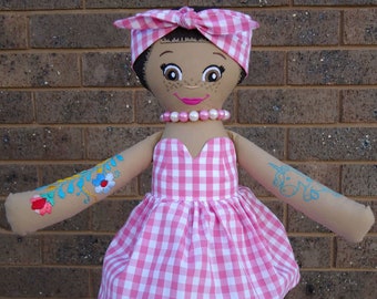 Tattooed Pin Up Doll with Pink Gingham Print Dress and Do-Rag
