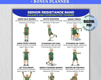 Banda de resistencia para personas mayores para ejercicios de equilibrio (imprimible), póster con tabla de ejercicios con bandas de resistencia, silla de yoga para hombres mayores (PDF), fitness para personas mayores