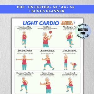 Op de afbeelding: Een afdrukbare PDF-oefeningstabel voor lichte cardio, met illustraties van seniorenvriendelijke oefeningen. De tabel bevat instructies voor oefeningen zoals marcheren op de plaats, balgooien en zijwaartse armcirkels. De tekst bevat "Directe digitale PDF-download."