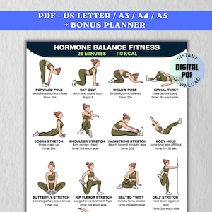 Op de afbeelding: Een fitnessgids met illustraties van verschillende yogahoudingen, waaronder Vooroverbuigen, Kat-Koe en Kindhouding. De gids heet "Hormone Balance Fitness" en bevat de tekst "25 minuten" en "110 kcal". Beschikbaar als digitale PDF-download.