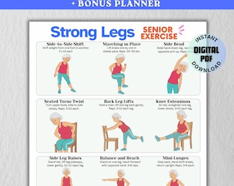 Exercices pour les jambes douces pour les personnes âgées, affiche d'exercices pour les jambes fortes à imprimer pour les personnes âgées, entraînement pour l'équilibre de la force des jambes des personnes âgées, remise en forme à domicile