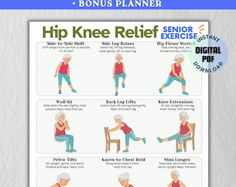 Tabla de ejercicios para aliviar la cadera y la rodilla: descarga digital en PDF, póster imprimible de ejercicios para fortalecer la movilidad, entrenamiento de estiramiento de flexores de cadera para personas mayores