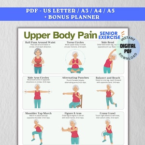 Op de afbeelding: Een afdrukbare PDF-gids voor oefeningen voor pijn in het bovenlichaam voor senioren. De gids bevat illustraties en instructies voor oefeningen zoals torso-cirkels, zijwaartse buigingen en afwisselende stoten. De tekst bevat "Upper Body Pain" en "Senior Exercise".