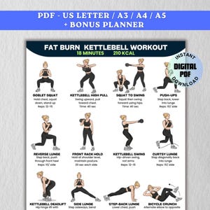 May include: A fitness guide with a blue header that reads "PDF - US LETTER / A3 / A4 / A5 + BONUS PLANNER." The main section is a "FAT BURN KETTLEBELL WORKOUT" with 18 minutes and 210 KCAL. It includes exercise illustrations and instructions for various kettlebell exercises.