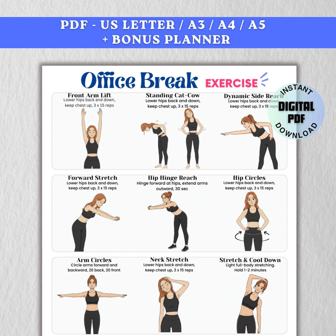 Break Time Exercise Office Break Exercise Chart PDF Digital Download, Stressful Workout ...