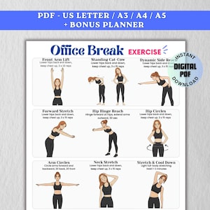 Puede incluir: Una guía de ejercicios en PDF imprimible titulada "Office Break Exercise" con ilustraciones de varios estiramientos. La guía incluye instrucciones para ejercicios como Front Arm Lift, Hip Circles y Neck Stretch. El texto también incluye "Instant Digital PDF Download".