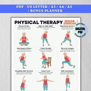 May include: A printable PDF featuring a physical therapy exercise guide for seniors. The guide includes illustrations and instructions for exercises such as torso circles, side-to-side shifts, hip flexor stretches, marching in place, chair stands, reverse lunges, standing side stretches, arm cycles, and side leg raises.
