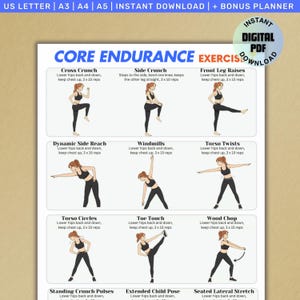 Puede incluir: Un gráfico de ejercicios imprimible en blanco con el título "CORE ENDURANCE EXERCISES" en azul. El gráfico presenta ilustraciones de varios ejercicios centrales, incluyendo Cross Crunch, Side Crunch y Front Leg Raises, con instrucciones.