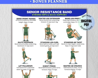 Poster con schema di esercizi con elastici di resistenza per supporto di fianchi e schiena, esercizi da seduti per uomini anziani in formato PDF stampabile, allenamento da seduti, fitness a casa per anziani