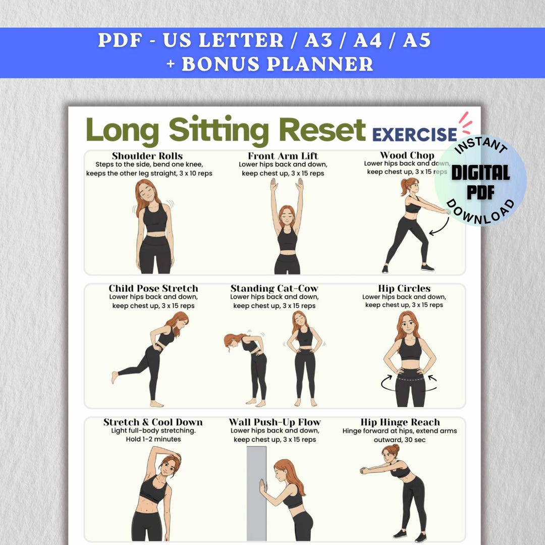 Desk Job Exercise Poster: Long Sitting Reset, Mobility Workout (PDF ...