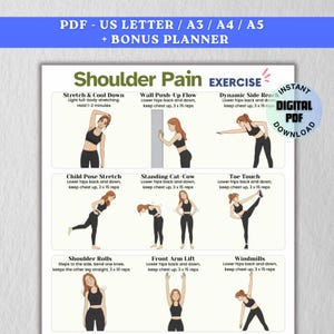 May include: A printable PDF exercise guide for shoulder pain relief. The guide features illustrations of various stretches and exercises, including Wall Push-Up Flow and Toe Touch. The text includes instructions and the phrase "Instant Digital PDF Download."