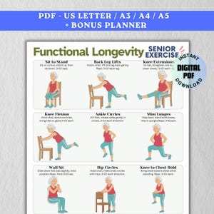 Functional Longevity Seniors Exercises for Older Adults, Exercise for Seniors Download Print, Elderly Workout, Home Fitness, Healthy Aging