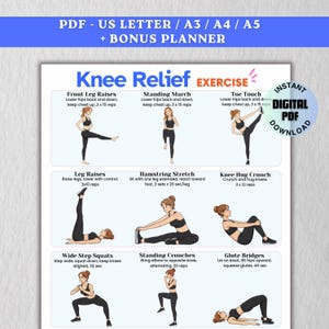 Può includere: Un grafico di esercizi in PDF stampabile per il sollievo del ginocchio, con illustrazioni di vari esercizi come sollevamenti delle gambe, allungamenti dei muscoli posteriori della coscia e ponti glutei. Il grafico include istruzioni e conteggi delle ripetizioni. Il testo include "Download PDF digitale istantaneo."