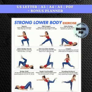 Peut inclure: Un plan d'entraînement PDF numérique intitulé "Strong Lower Body Exercise". Le plan comprend des instructions illustrées pour les squats, les fentes et d'autres exercices. Le document est disponible en formats US Letter, A3, A4 et A5, avec un planificateur bonus.