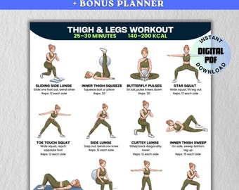 Tabella di esercizi per l'interno coscia, gambe e glutei: download digitale in PDF, tabella fitness senza attrezzi, poster per la palestra in casa, allenamento per donne.
