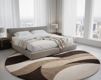 Alfombra redonda de lujo con mechones, alfombra de lana beige y marrón neutra, alfombra contemporánea para dormitorio y sala de estar.