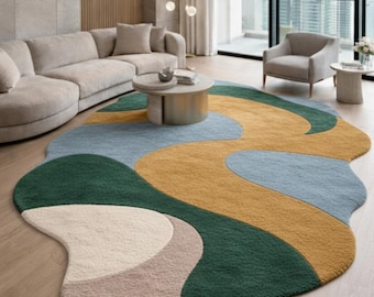 Alfombra de lana neozelandesa tejida a mano: abstracta, irregular, moderna y multicolor.