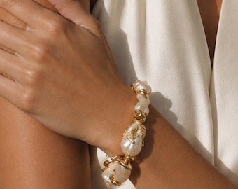 Barock natürliche Muschelkernperle Perlen Armband Goldton Blumenarmband
