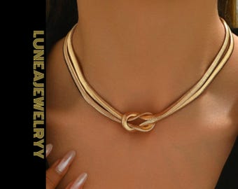 Goldfarbe Edelstahl Schlangenkette Knoten Choker Halskette, klobiger Statement Schmuck für Frauen