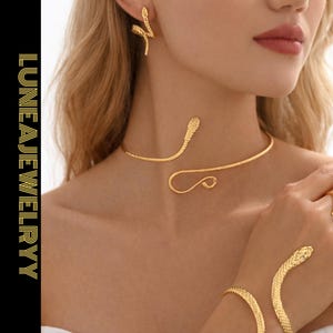 Goldener Schlangen-Schmuckset, minimalistisches Armband, Halskette und Ring aus Edelstahl