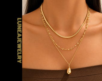 Minimalist Gold Layered Chain Necklace Set Water Drop Pendant Multi Layer Jewelry