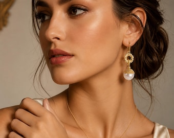 14K Vergoldete Eco Messing Sunburst Perle Tropfen Ohrringe