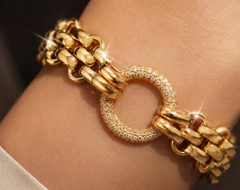 18K Vergoldetes Edelstahlkettenarmband mit Zirkonkreisakzent